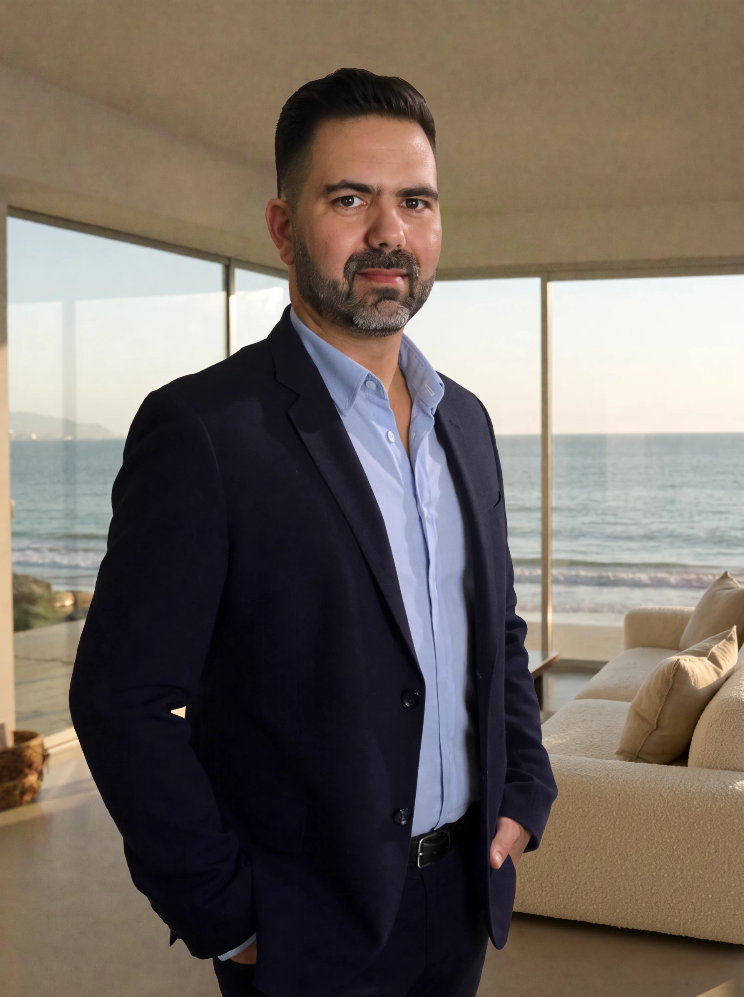João Encarnação numa sala luminosa com vista para o mar em Cascais